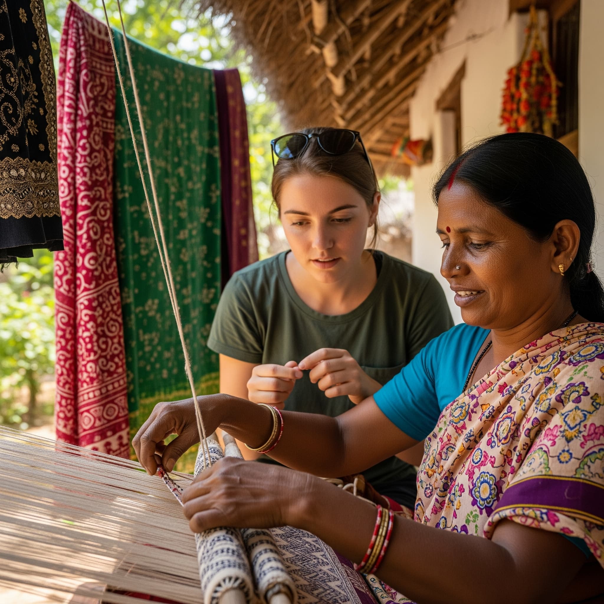 Young traveler learning traditional textile weaving from local Indian artisan in authentic cultural exchange