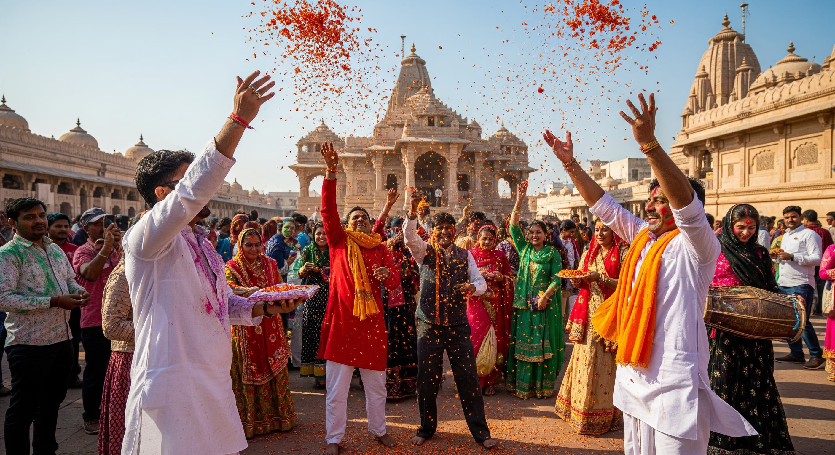 Celebração do Holi em templo indiano com pessoas em trajes tradicionais