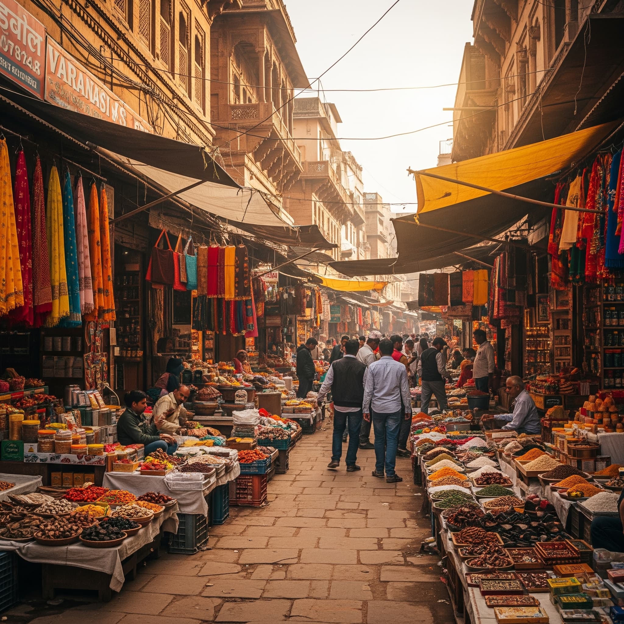 Vibrant traditional Indian market with colorful textiles and spices, showcasing the cultural shopping experience during the pilgrimage