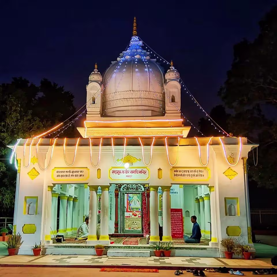 Illuminated temple at night following the footsteps of Sant Kabir